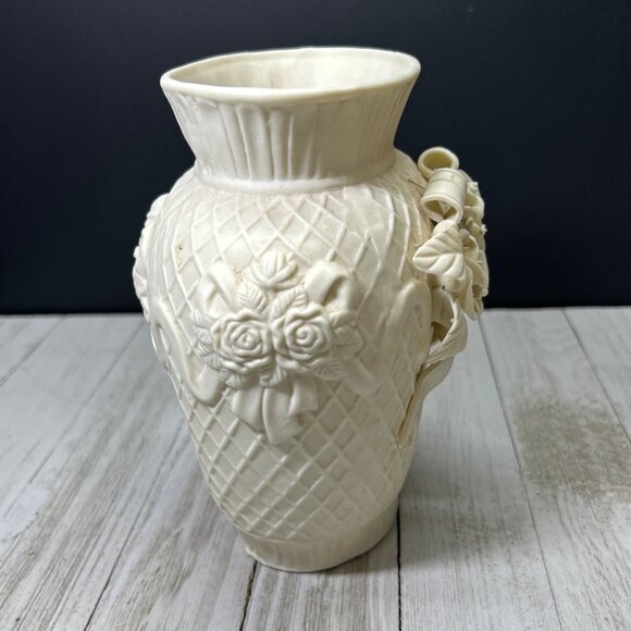 Vintage Bisque Porcelain Vase Sculpted 3D Raised Flower Pattern 6.25'' Tall - Picture 4 of 7